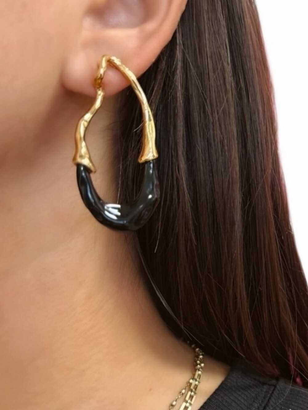 Black enamel and gold drip dangle earrings; nwot